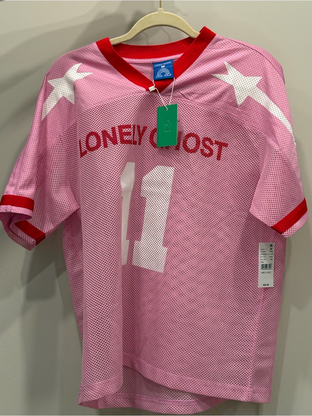 LONELY GHOST Pink Mesh Jersey with Red Trim and White Number 11